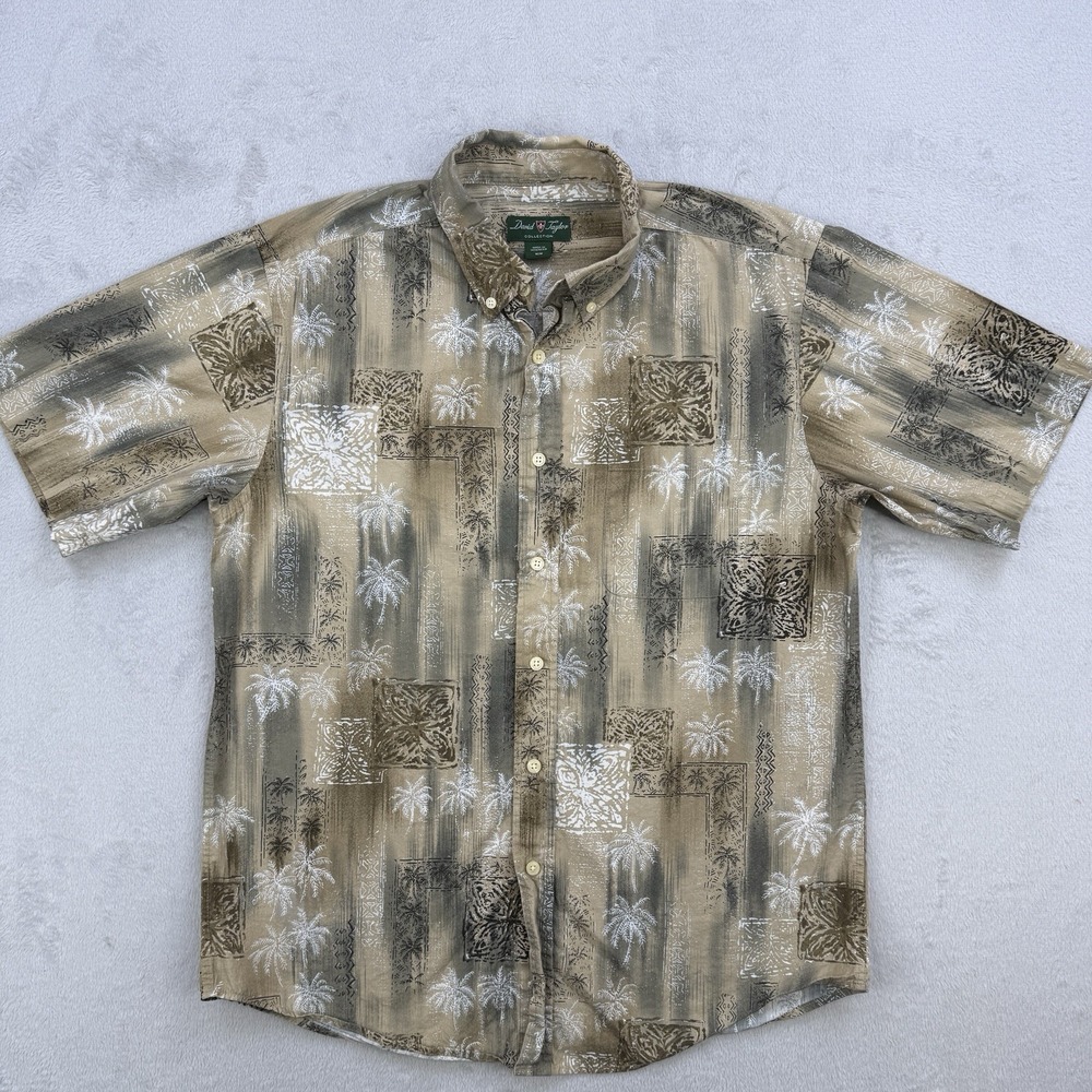 David Taylor Button‎ Down Shirt Mens Medium Tan Palm Tree Tropical Hawaiian